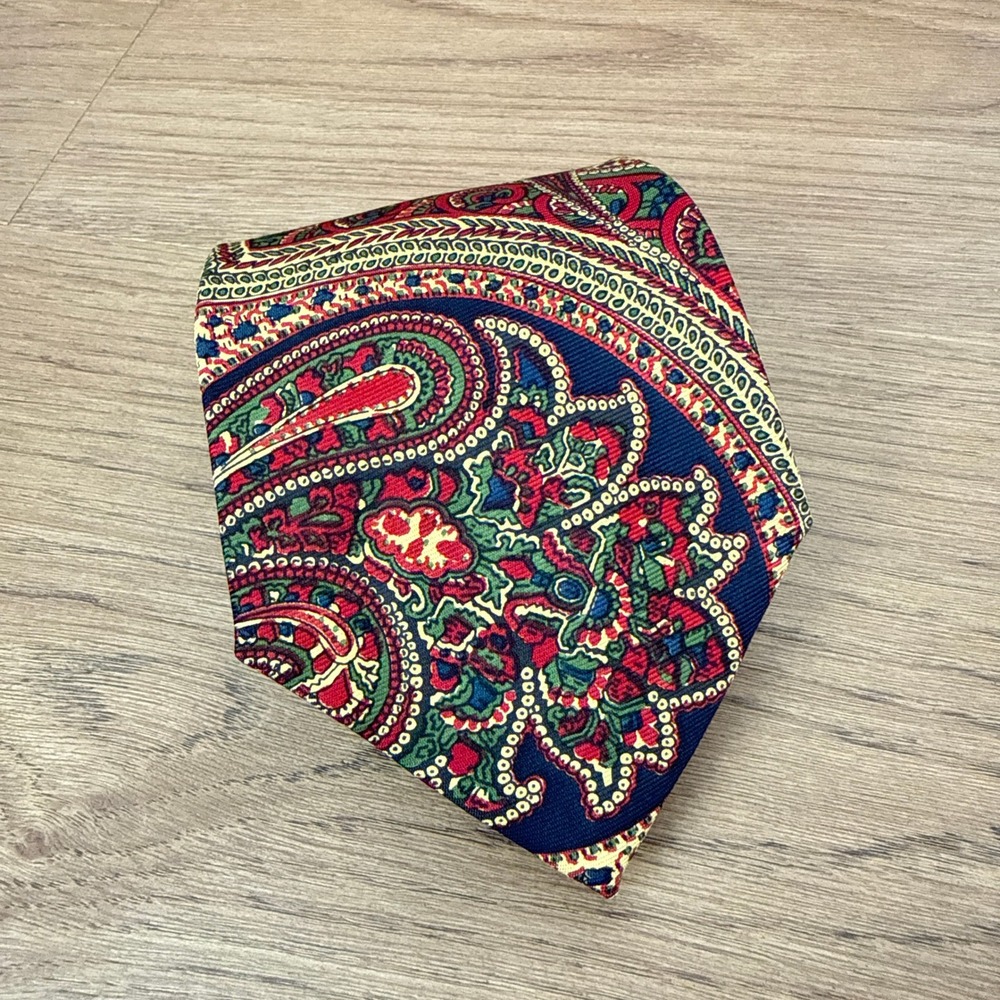 Polo Ralph Lauren Mens Silk Paisley Tie Navy Blue Red Green Made in USA Handmade